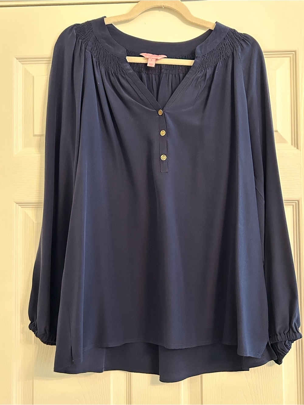 Lilly Pulitzer Elsa Silk Blouse, Resort Navy, size L, EUC